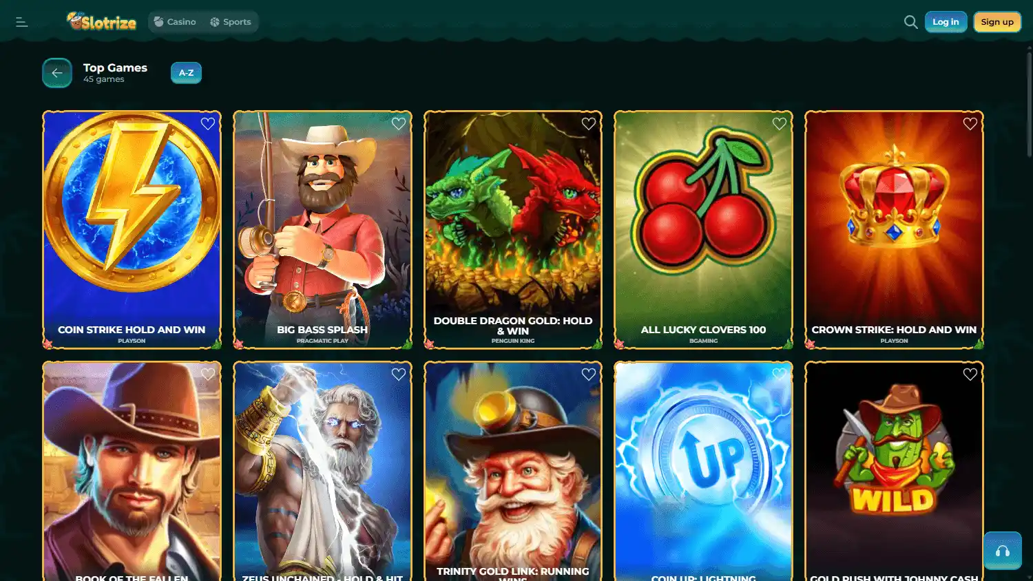 Interface de la bibliothèque de jeux du casino en ligne Slotrize